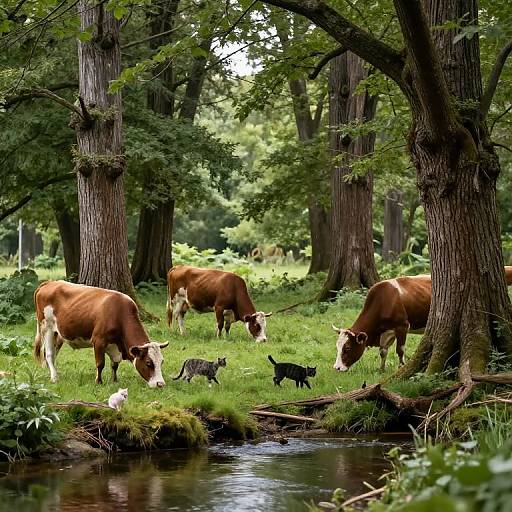 Photograph of four brown cows and three black calves grazing beside a forest stream, surrounded by tall trees and greenery.