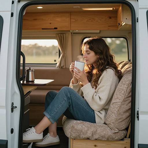 Serene Morning Coffee in Camper Van