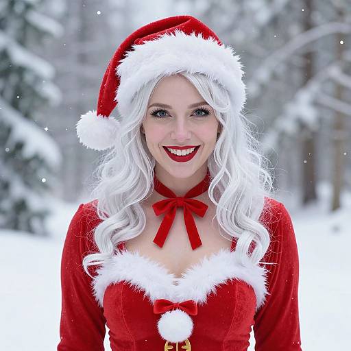 Photograph of a smiling woman with long white hair, red Santa outfit with white fur trim, red bow, standing in a snowy forest.