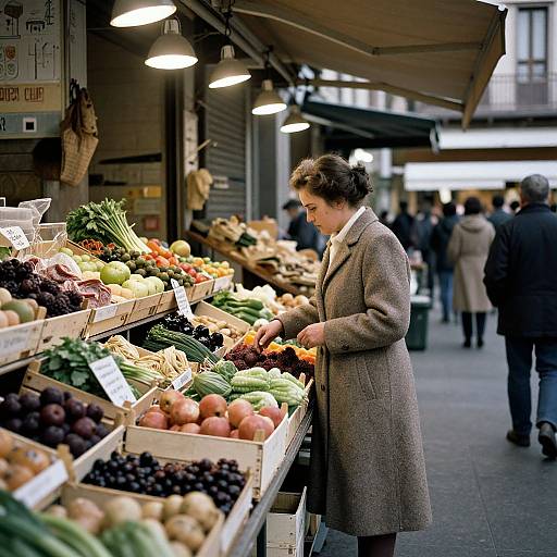 Photograph of a middle-aged woman in a brown coat examining fresh vegetables at an outdoor market stall, with blurred shoppers in the background.