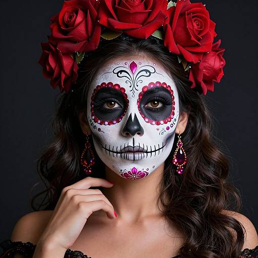 Photograph of a woman with white sugar skull face paint, red flower crown, black eye makeup, red earrings, and black lace top.