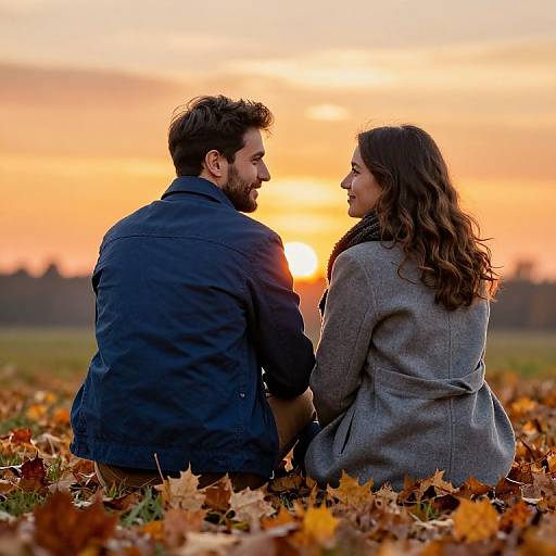 Photograph of a smiling couple seated on autumn leaves at sunset, wearing dark and gray jackets, facing each other, with a vibrant orange sky behind.