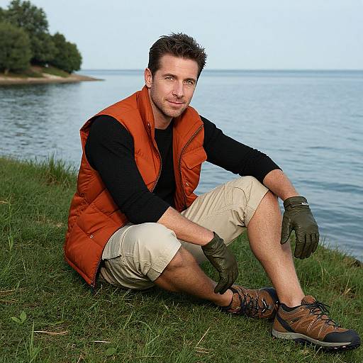 Photograph of a young man with short dark hair, wearing an orange vest, black long-sleeve shirt, beige shorts, brown gloves, and