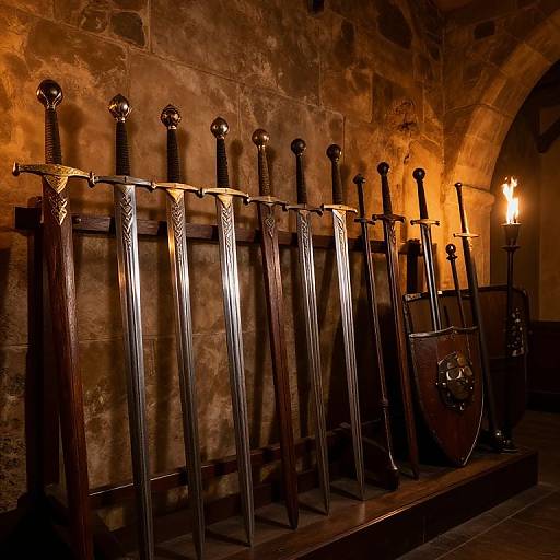 Photograph of ten medieval swords with ornate hilts and a shield, displayed on a wooden rack against a dimly lit, stone wall with a