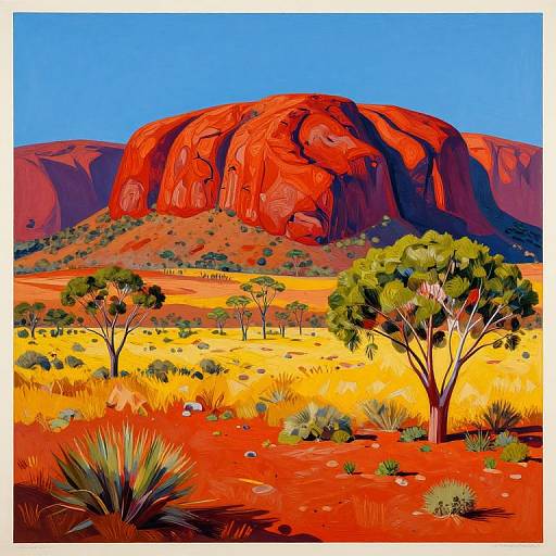 Vibrant digital painting of a red rock mountain, clear blue sky, golden-yellow grassy desert, and scattered green trees, with vivid colors and