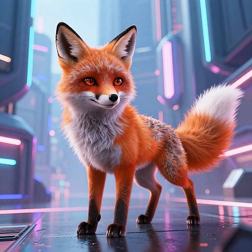 CGI image of a vibrant red-orange fox with striking orange eyes, standing in a futuristic, neon-lit city street.