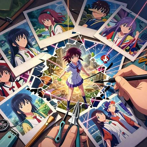 Digital anime artwork: Central figure, brown-haired girl in school uniform, surrounded by shattered photos of herself, colorful background, and hands holding scissors.