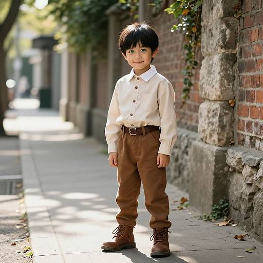 Confident Young Boy on Sunny Sidewalk