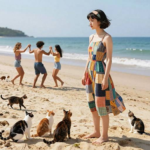 Young Woman on Beach with Cats and Dancing People