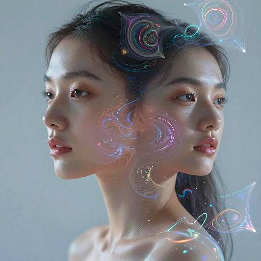 Photorealistic digital artwork of a double-headed Asian woman with glowing skin, dark hair, and swirling, colorful ethereal patterns on her face.