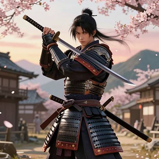 Digital artwork of a fierce samurai with black hair in a topknot, wearing traditional armor, holding a sword, under cherry blossoms. Background