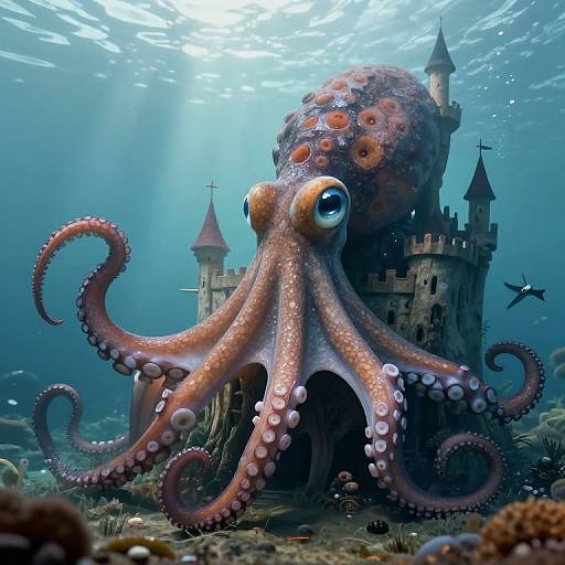 Photorealistic CGI of a massive, orange-and-white squid with large eyes and curled tentacles in front of an underwater castle. Sunlight filters through