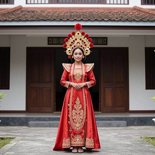 Photograph of a woman in traditional red Javanese dress with gold embroidery and intricate headpiece, standing in front of a traditional wooden building.