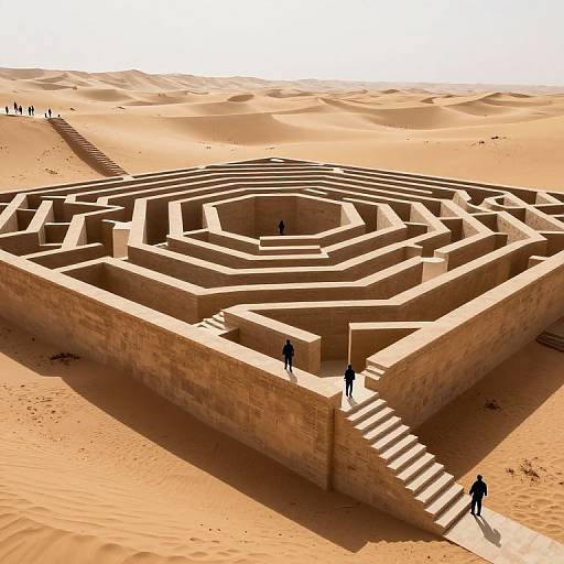 Photograph of a large, intricate, sunlit desert maze with six people walking along its stone pathways in golden sand dunes.