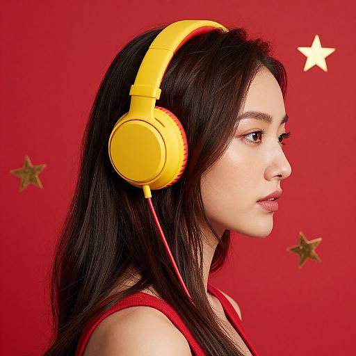 Photograph of a young Asian woman with long black hair, wearing yellow headphones, red tank top, against a red background with gold stars.