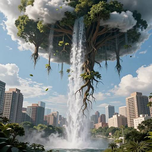 Digital artwork of a towering floating tree with cascading waterfall, over a cityscape of skyscrapers, under a bright, cloudy sky.