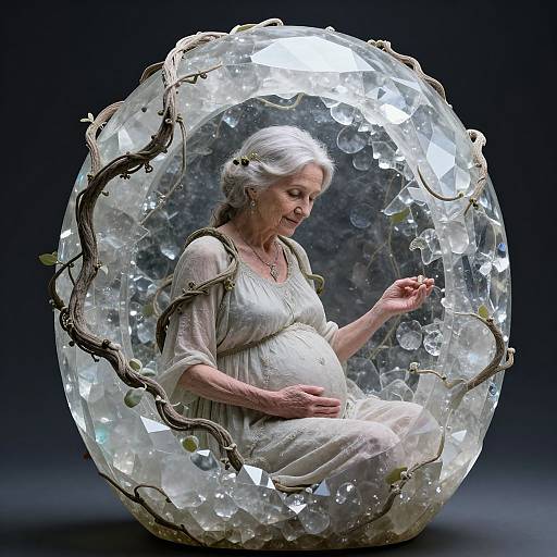 Photograph of an elderly, pregnant woman with white hair, wearing a flowing white dress, sitting inside a crystal orb with glowing lights and twisted vines,