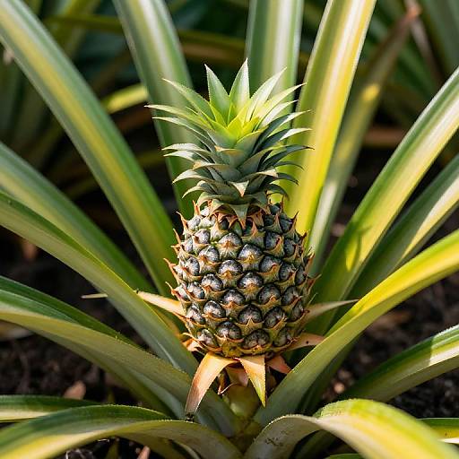 Photograph of a green pineapple with spiky leaves, emerging from dark soil, surrounded by elongated yellow-green leaves, in bright sunlight.