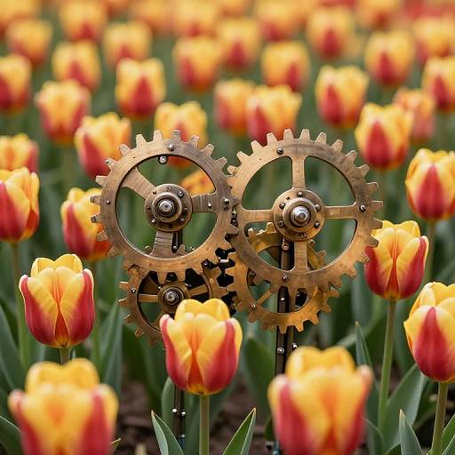Photograph of two brass gears amidst a vibrant field of yellow and red tulips, blending mechanical and natural beauty.