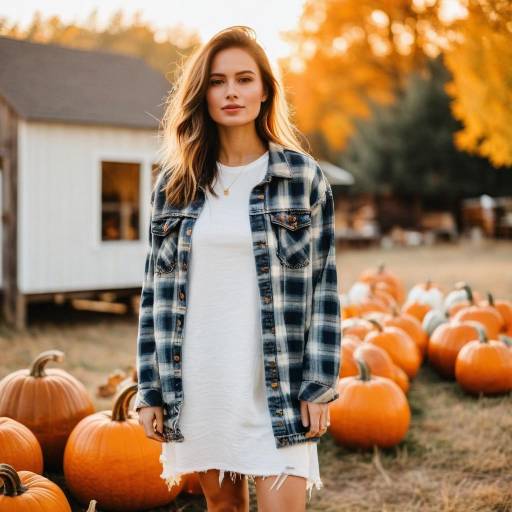 Young Woman at Pumpkin Patch in Autumn Light