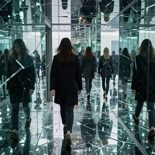 Photograph of a woman with long brown hair, wearing a black coat and jeans, walking away in a modern, reflective glass-walled hallway, surrounded