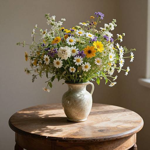 Photograph of a ceramic vase filled with mixed yellow, white, and purple wildflowers, placed on a round wooden table, sunlight casting shadows.