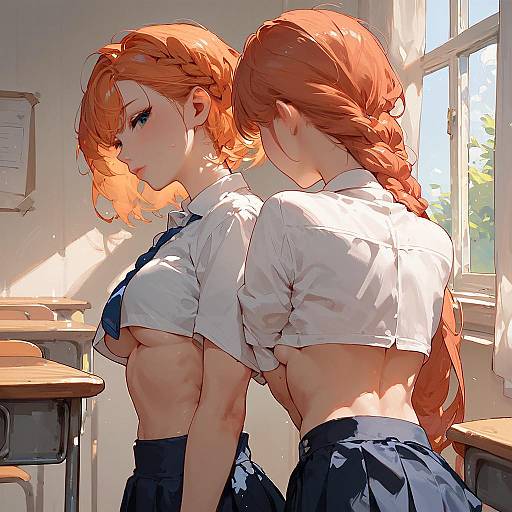 Anime Schoolgirls with Ginger Hair in Classroom