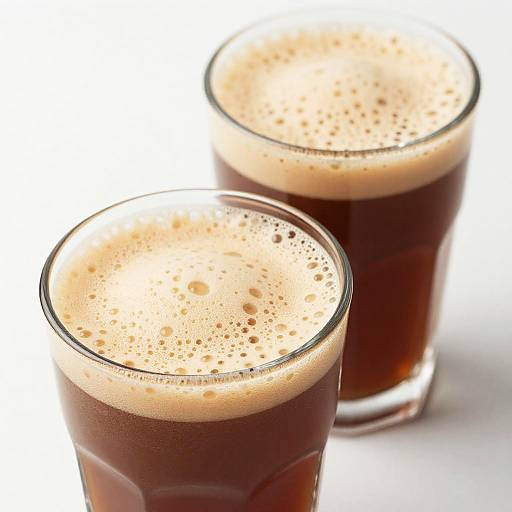 Photograph of two clear glasses filled with dark beer, each topped with a frothy, bubbly beige head, on a white background.