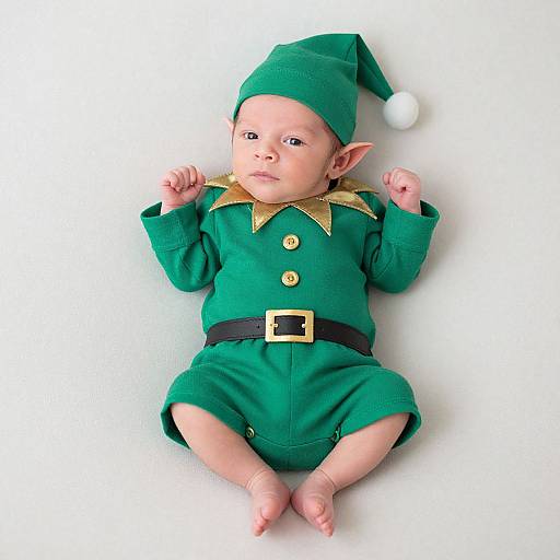 Photograph of a baby with light skin, wearing a green elf costume with gold collar, black belt, and pointed hat, lying on a white background