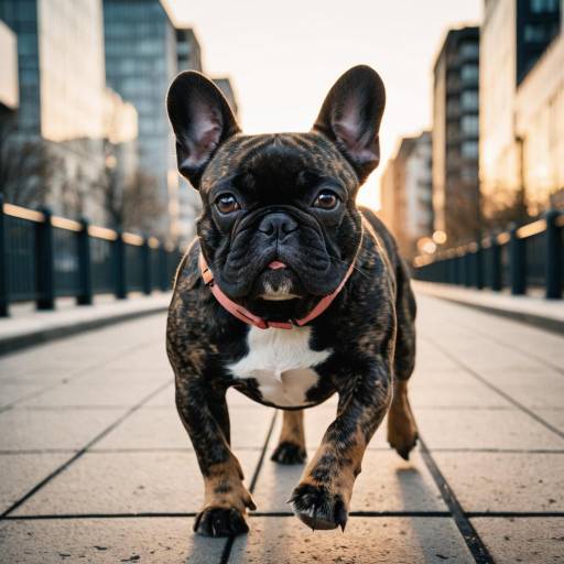 Brindle French Bulldog Running in Urban Sunset