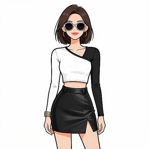 Digital illustration of a stylish woman with short brown hair, wearing black-and-white asymmetrical crop top, black skirt with thigh slit, round sunglasses, and