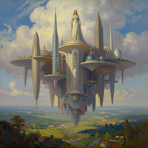 Digital painting: A futuristic floating city with spires and domes, a robed woman standing on top, set against a vibrant, cloud-filled sky