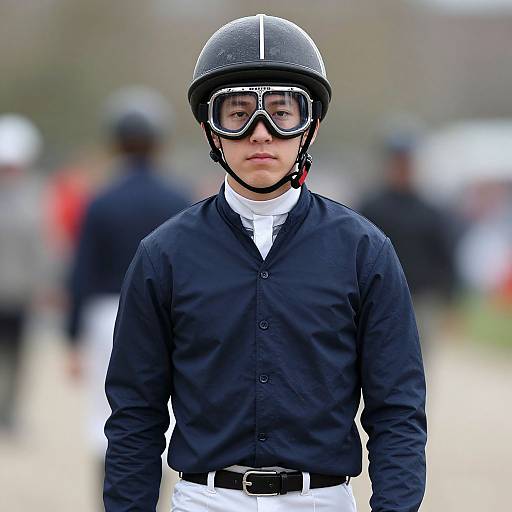 Photograph of a focused male jockey in black helmet, goggles, black shirt, white neckerchief, and white pants, standing outdoors. Bl