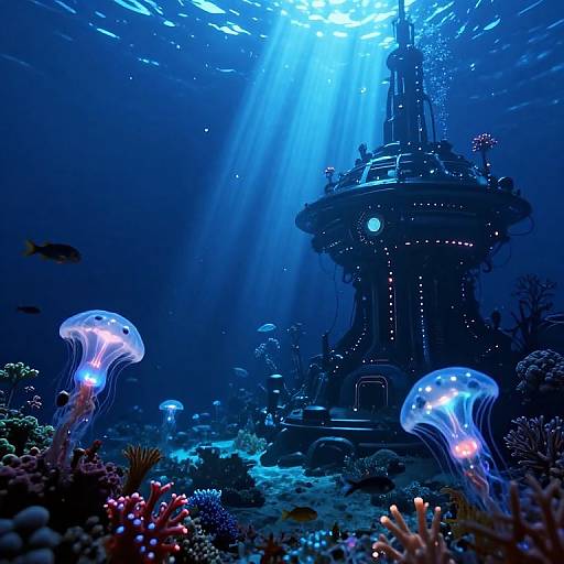 Photograph of an underwater scene with glowing blue jellyfish, a futuristic, illuminated tower, and vibrant coral reefs bathed in sunlight.