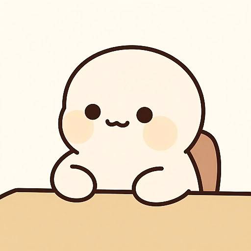 Cute, chibi-style drawing of a round, white, faceless character with black eyes and a small smile, sitting at a beige table.