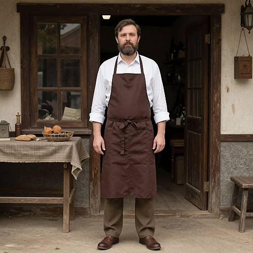 Photograph of a bearded man with a brown apron, white shirt, and brown pants standing in front of a rustic bakery door, with a