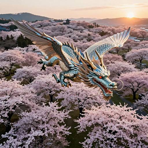 Digital artwork of a majestic, blue-scaled, dragon with golden horns and wings soaring through a sea of pink cherry blossom trees at sunset.