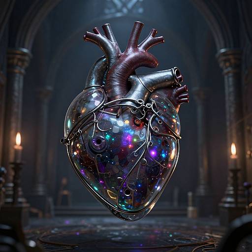 Digital art of a glowing, metallic, heart with colorful, swirling patterns, floating in a dark, gothic cathedral with lit candles.