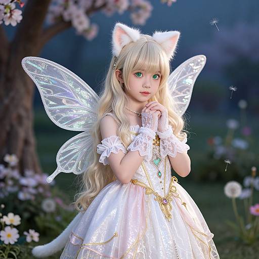 Digital CGI of a blonde fairy girl with cat ears, white lace dress, iridescent wings, and green eyes, in a magical garden.