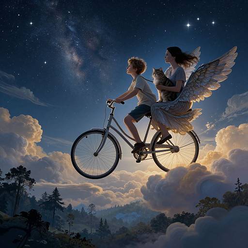 Digital artwork: Silhouetted boy and winged girl ride bicycle through starry night sky with Milky Way, surrounded by fluffy clouds and trees below