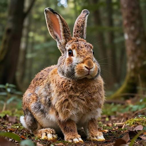Photograph of a fluffy, brown and white rabbit with large ears, sitting in a sunlit forest, surrounded by blurred trees and leaves.