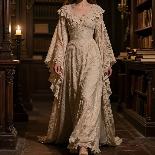 Photograph of a woman in an ornate, cream-colored, Victorian-style lace dress, walking down a dimly lit, wooden library aisle with a