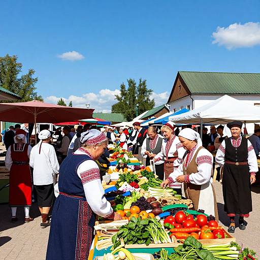 Vibrant outdoor market photograph with traditional-dressed people in white shirts, black aprons, and headscarves, selling colorful vegetables under blue sky