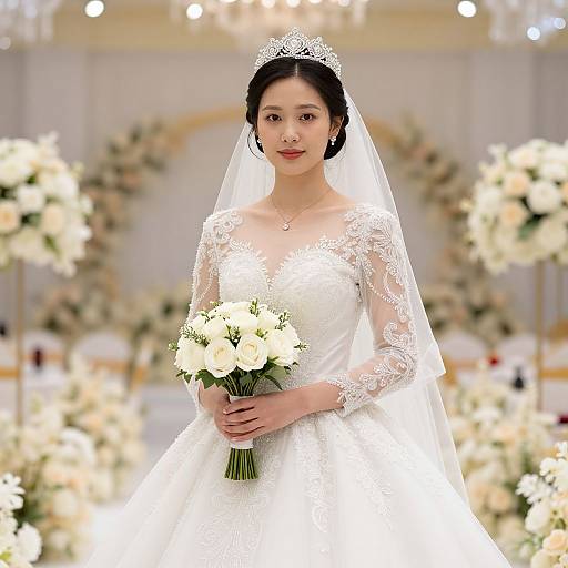 Photograph of an East Asian bride with fair skin, black hair, and red lipstick, wearing a white lace wedding dress, veil, tiara,