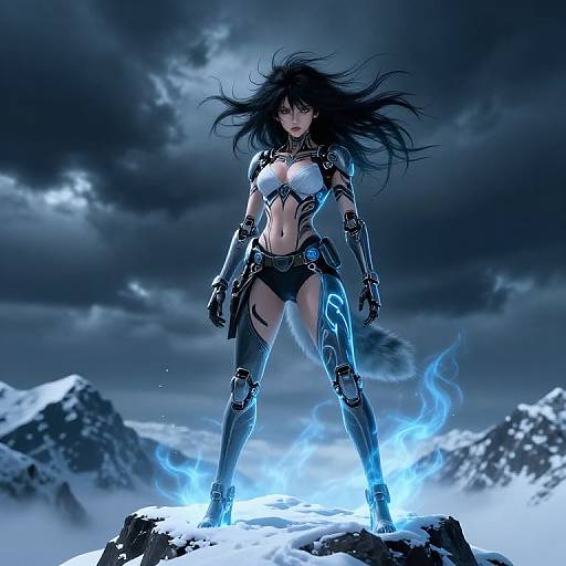Digital artwork of a fierce, black-haired, cybernetic warrior woman with glowing blue accents, standing on a snowy mountain peak amidst dramatic clouds and blue