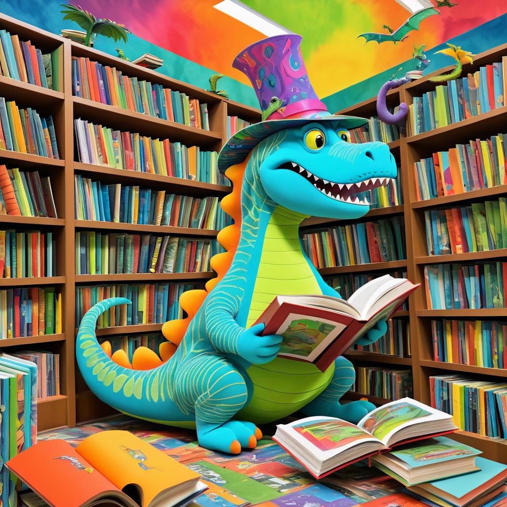 Whimsical Dinosaur Reading in a Library