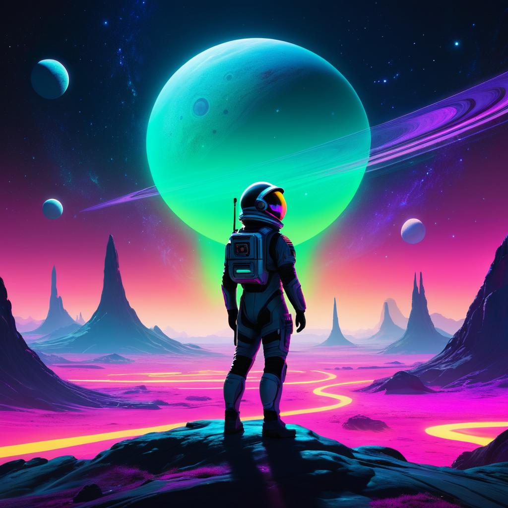 Alien Landscape with Neon Space Explorer