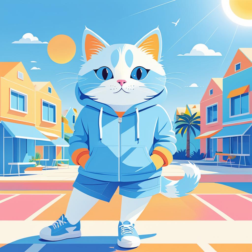 Cheerful Cat in Blue Hoodie and Shorts