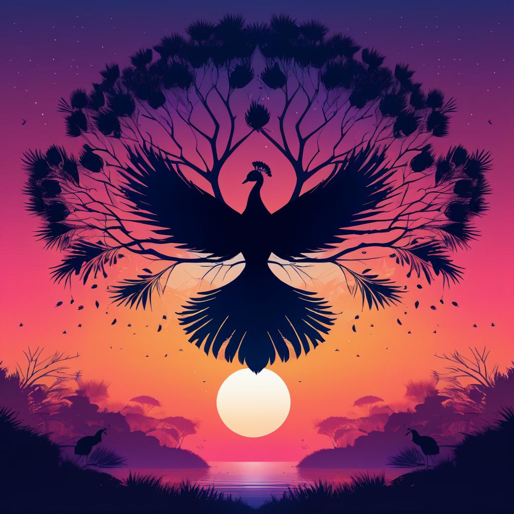 Antigravity Peacock Silhouette at Sunset