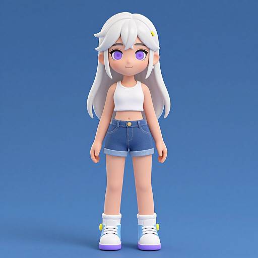 CGI anime-style girl with white hair, purple eyes, wearing white crop top, blue denim shorts, white socks, and purple sneakers, against a